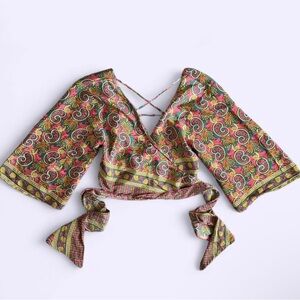 Paisley Wrap Blouse Wide Sleeve Open Back Lace Tassels Nini